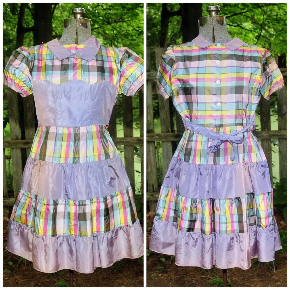 Vintage 50s 60s Girls Taffeta Lavender Plaid Party Holiday Church Dress Size 12